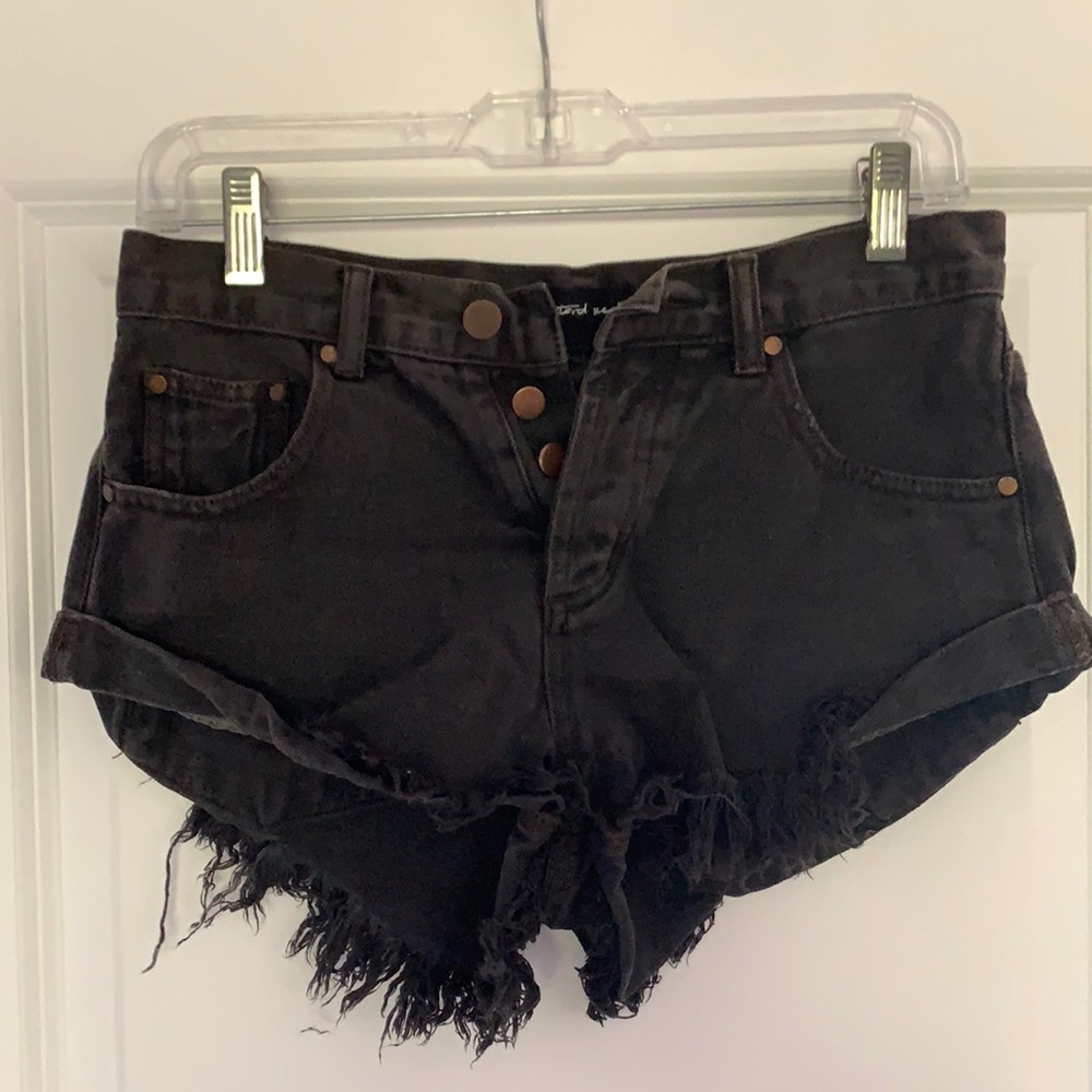 Black Mustard Seed denim short with fringing.